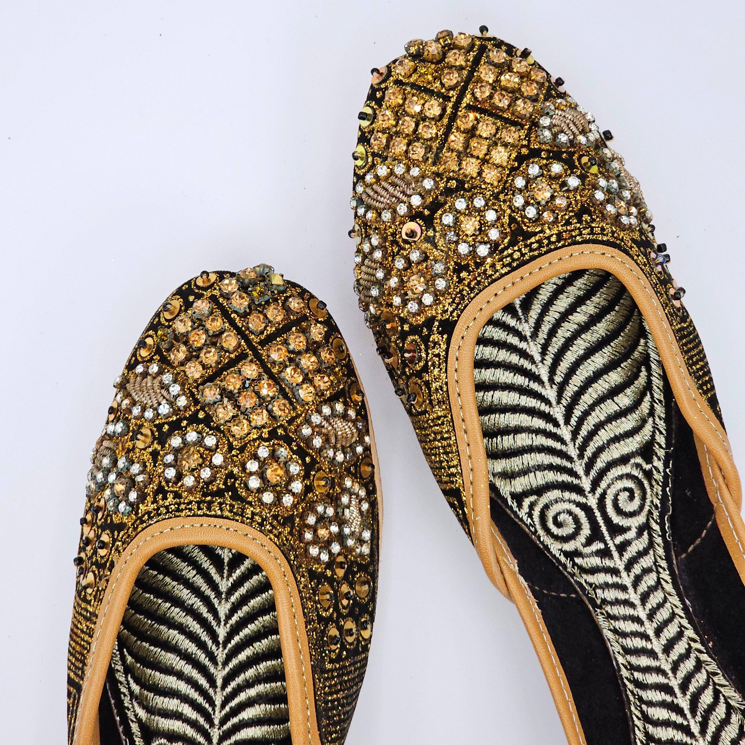 Zahra Black Gold Embroidered Bridal Juttis - Fancy Fab Jewels