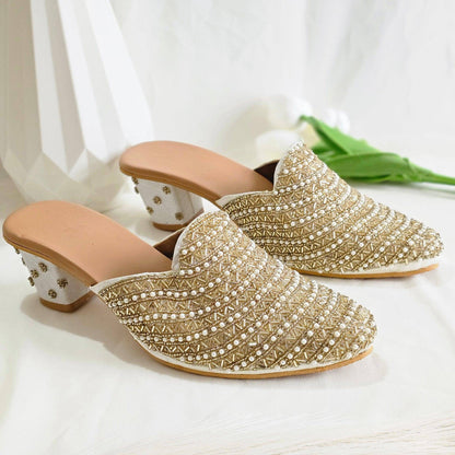 Aurora - Women's Golden Beige Bridal Bridal Heel Mules - Fancy Fab Jewels