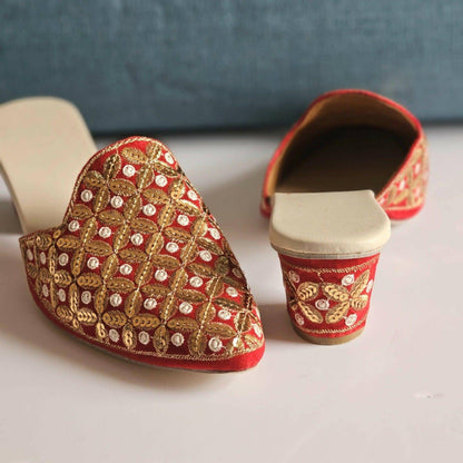 Tamanna - Women's Red Sequined Bridal Heel Mules - Fancy Fab Jewels