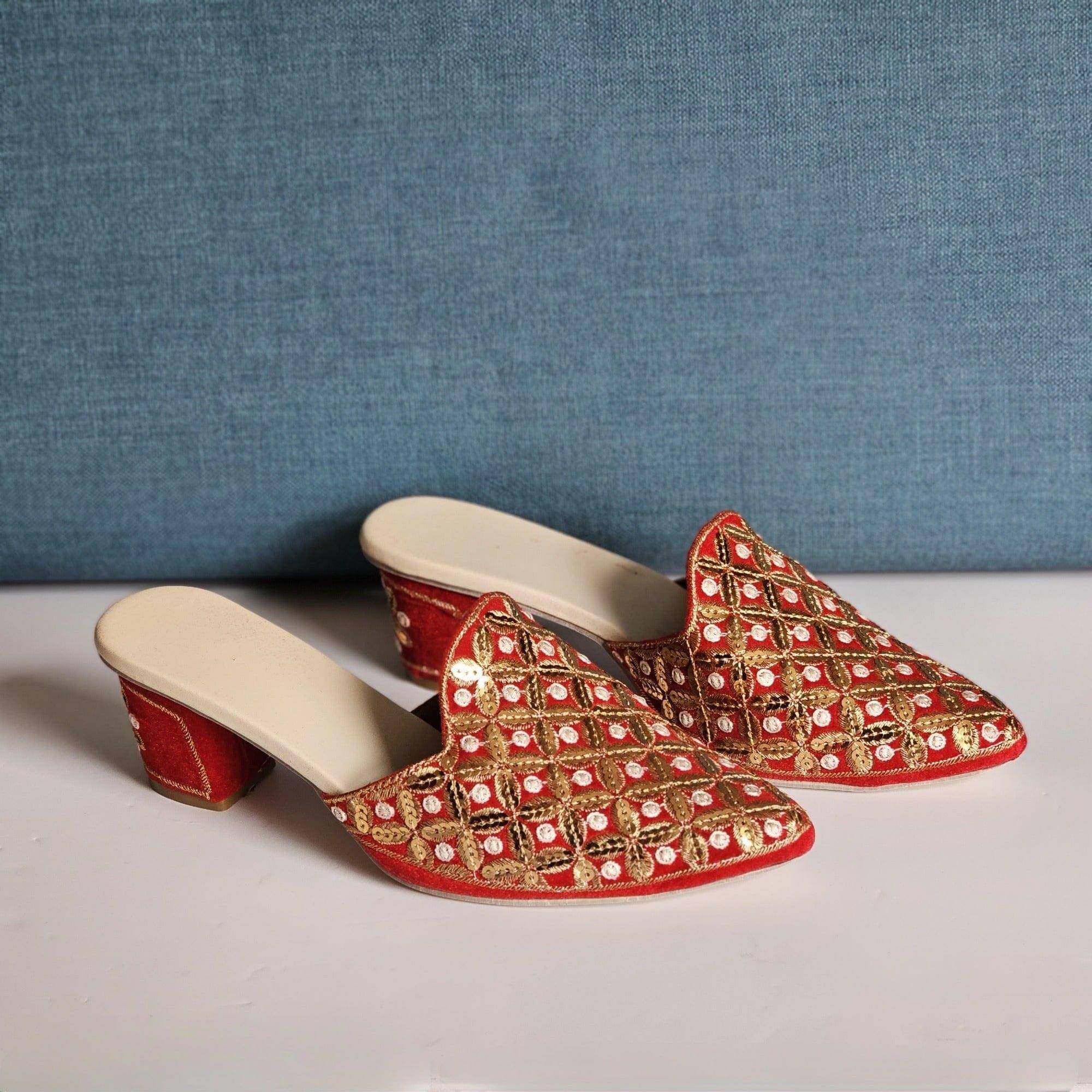 Tamanna Women s Red Sequined Bridal Heel Mules Fancy Fab Jewels