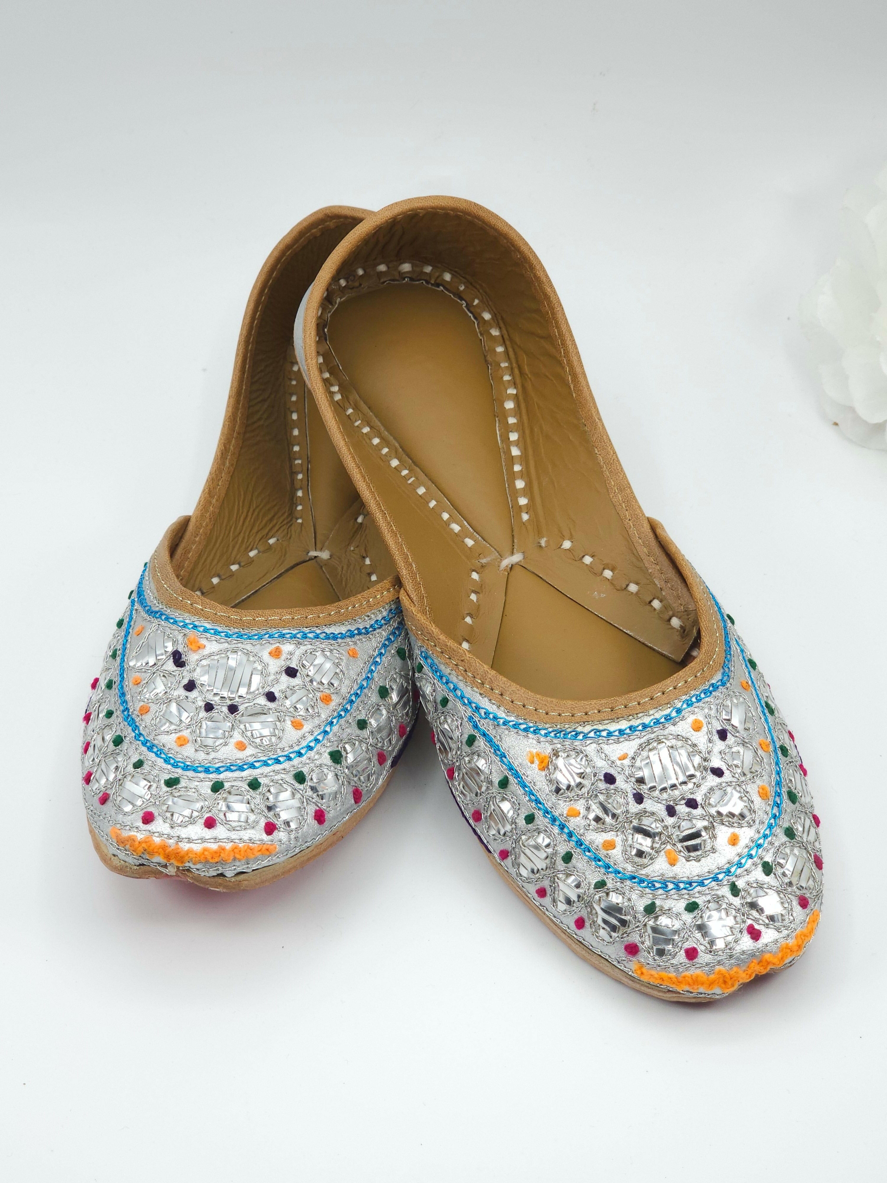 fancy fab Jewels juttis Thiea - Silver Foil work leather Ballerina Jutti Shoes