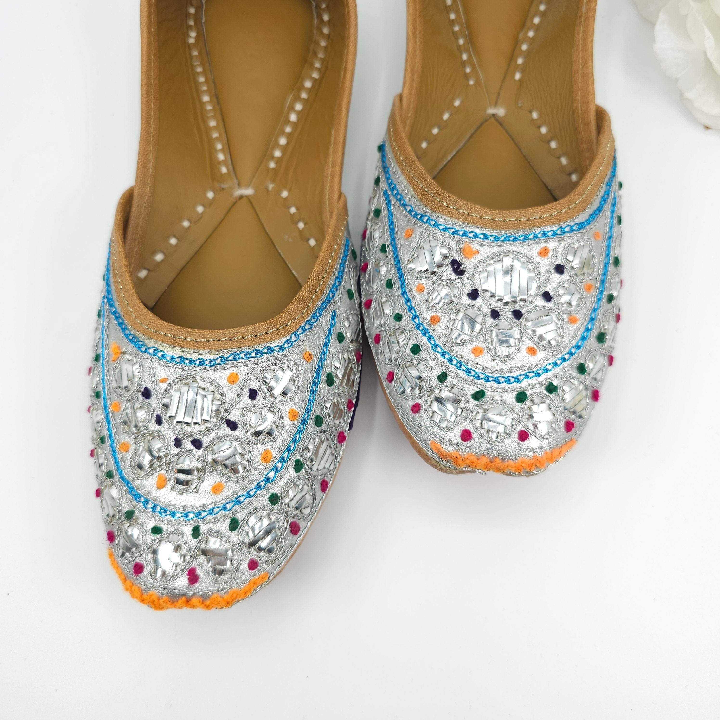 fancy fab Jewels juttis UK 3 Thiea - Silver Foil work leather Ballerina Jutti Shoes