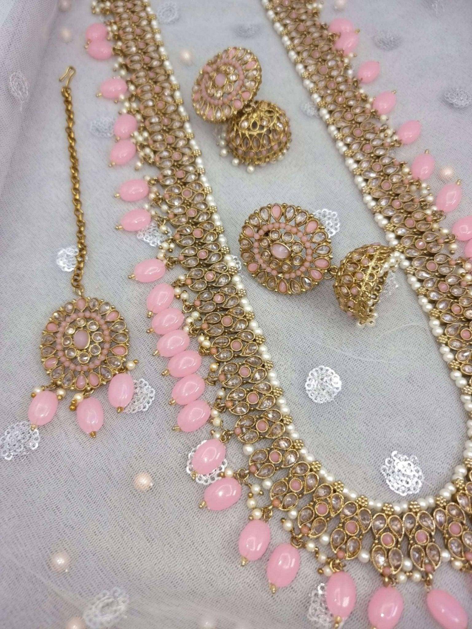 Sabiha- Baby Pink Antique Gold Polki Stone Mala Necklace Set - Fancy Fab Jewels