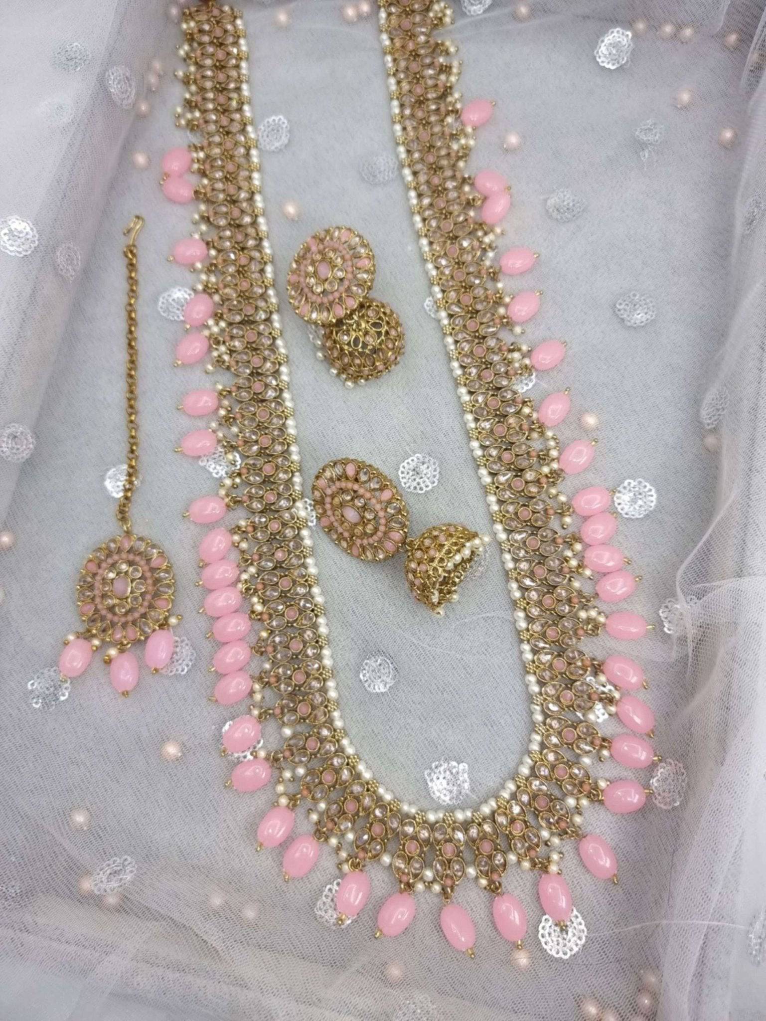 Sabiha- Baby Pink Antique Gold Polki Stone Mala Necklace Set - Fancy Fab Jewels