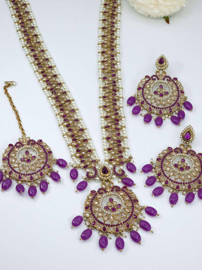 Sayema- Antique Gold Polki Stone Mala Necklace Set Purple - Fancy Fab Jewels