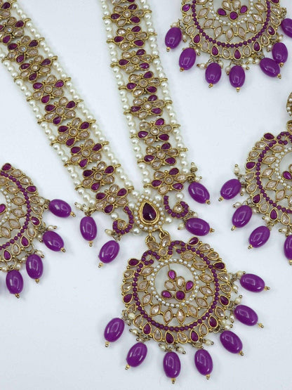 Sayema- Antique Gold Polki Stone Mala Necklace Set Purple - Fancy Fab Jewels