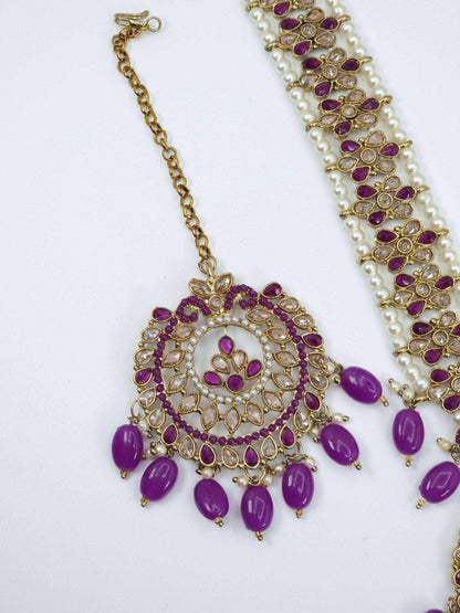 Sayema- Antique Gold Polki Stone Mala Necklace Set Purple - Fancy Fab Jewels