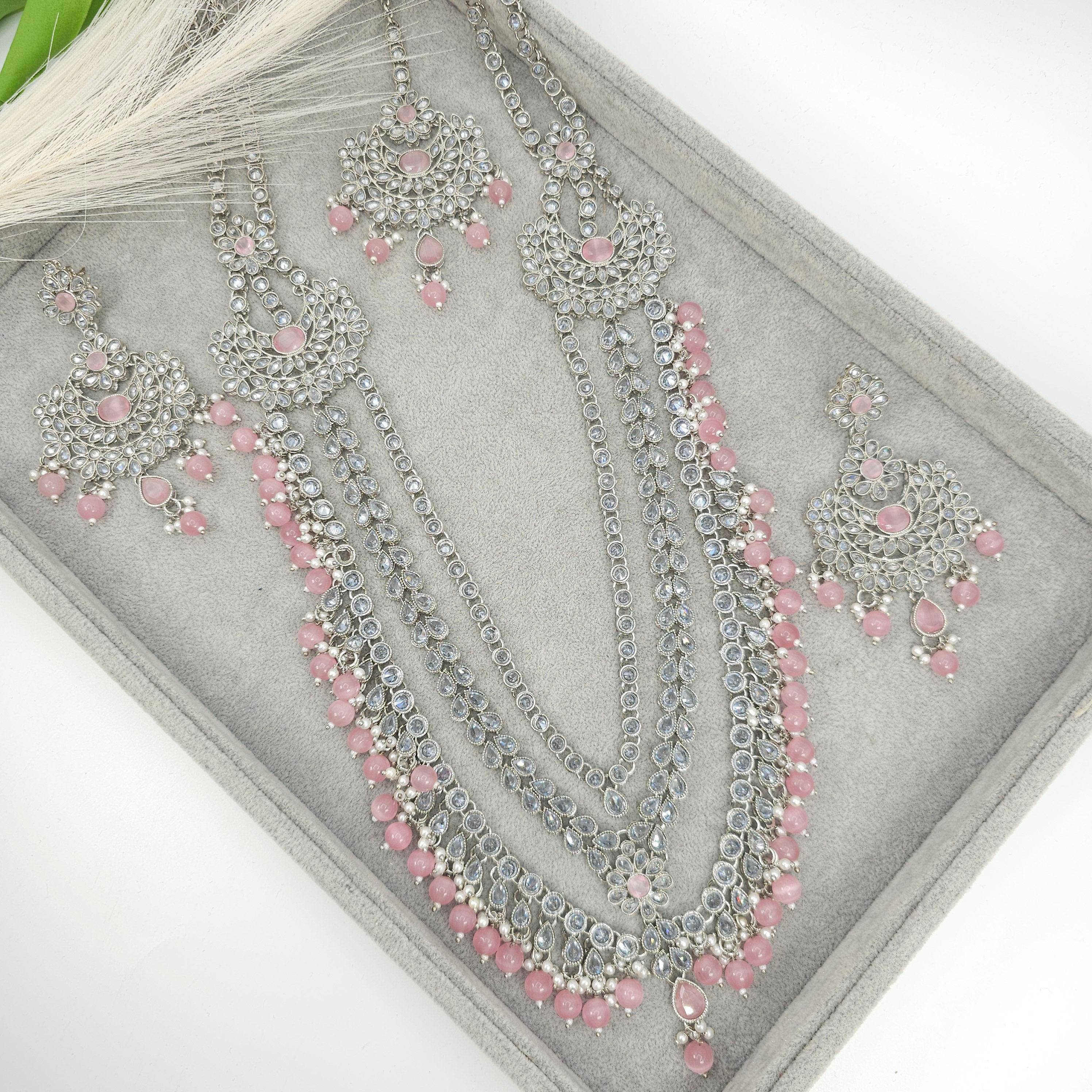 Umera Polki Rani Haar Set - Silver Pink - Fancy Fab Jewels