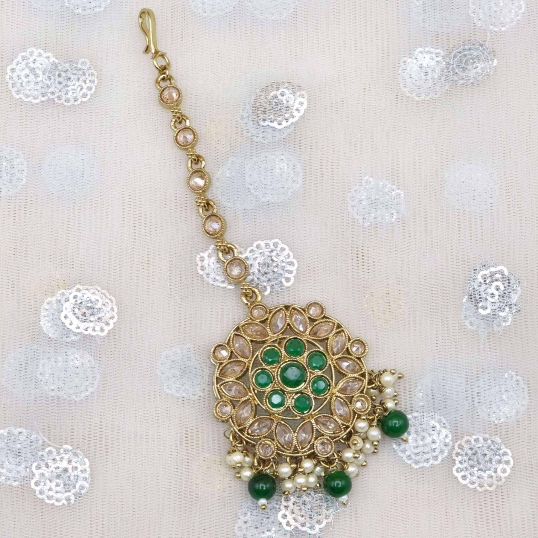 Antique Gold Reverse Polki Maang Tikka Green - Fancy Fab Jewels