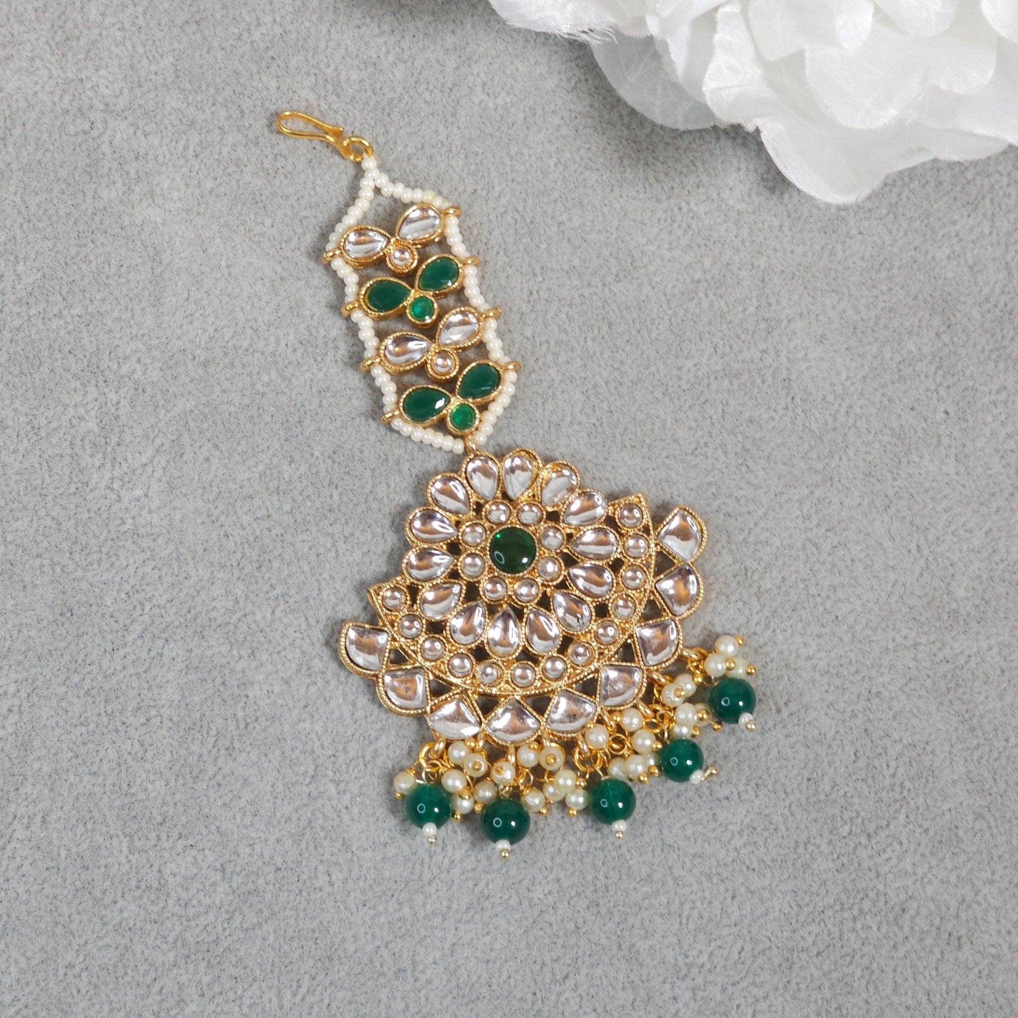 Layla Gold Plated Kundan Beaded Maang Tikka -Green - Fancy Fab Jewels