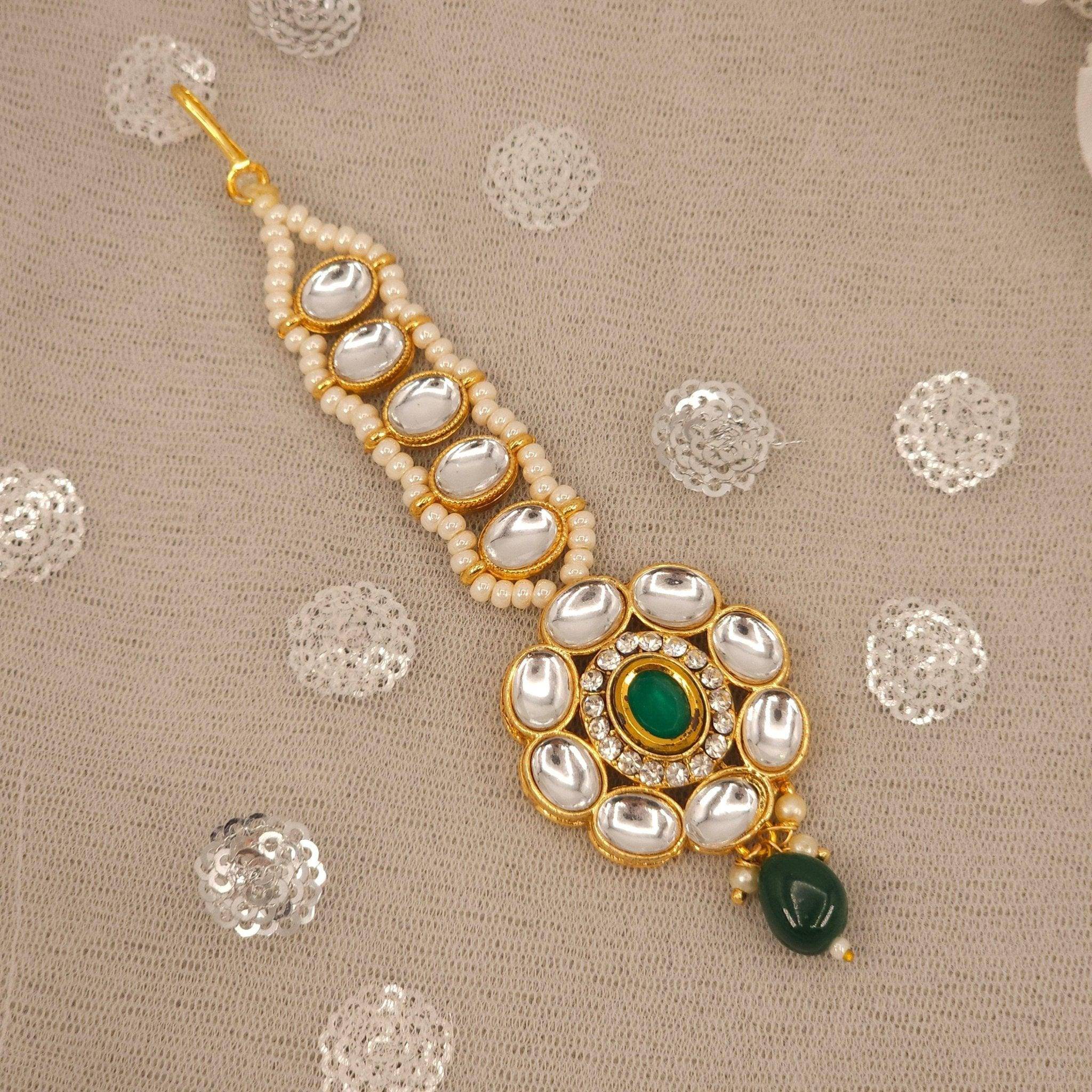 Amirah Gold Plated Kundan Beaded Maang Tikka -Green - Fancy Fab Jewels