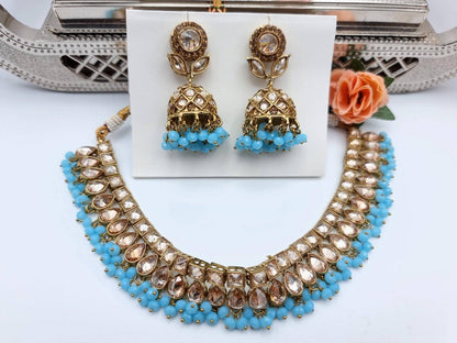 Blue Polki Choker Set with Jhumki Earrings and Tikka - Fancy Fab Jewels