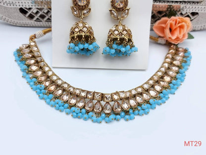 Blue Polki Choker Set with Jhumki Earrings and Tikka - Fancy Fab Jewels