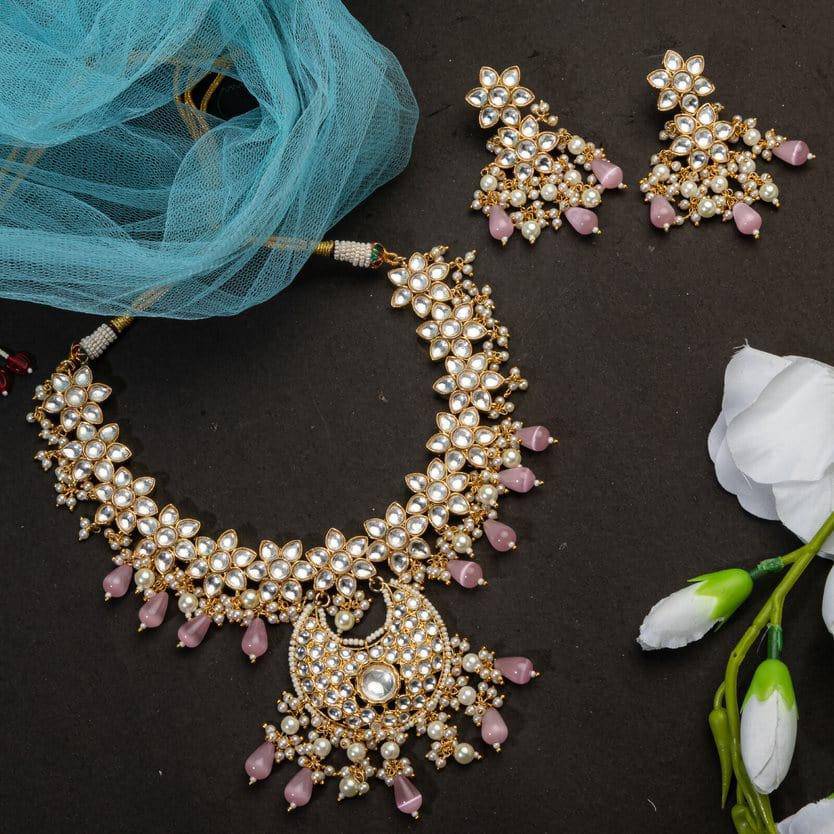 Kulsum Pachee Kundan Necklace Set Pink - Fancy Fab Jewels