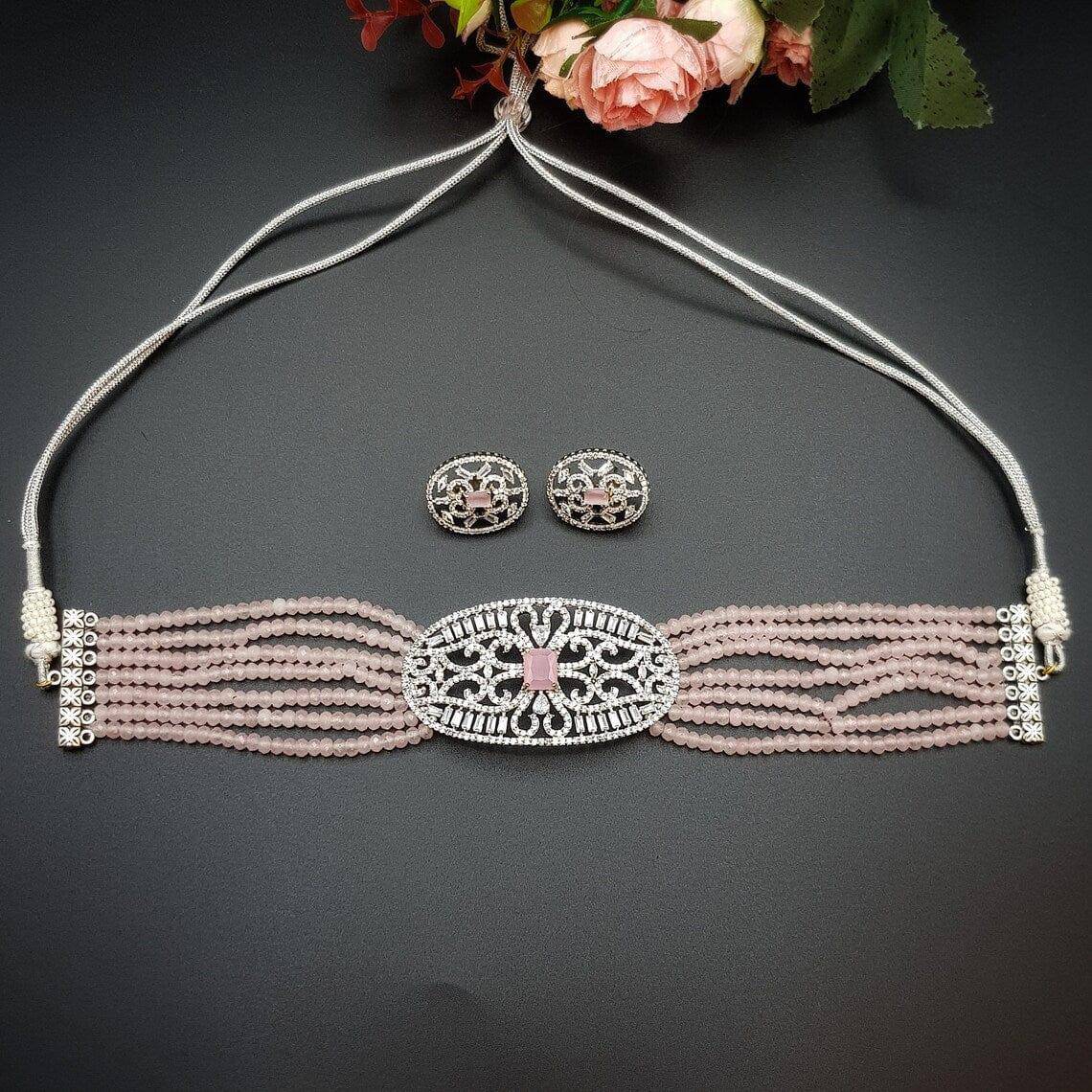 Selma Silver Pink CZ Choker Set - Fancy Fab Jewels