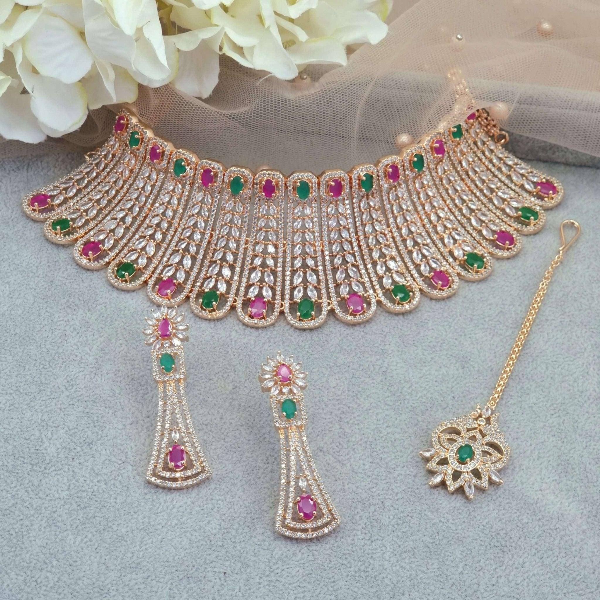 Sheena Bridal Choker Set Rose Gold Ruby Green - Fancy Fab Jewels