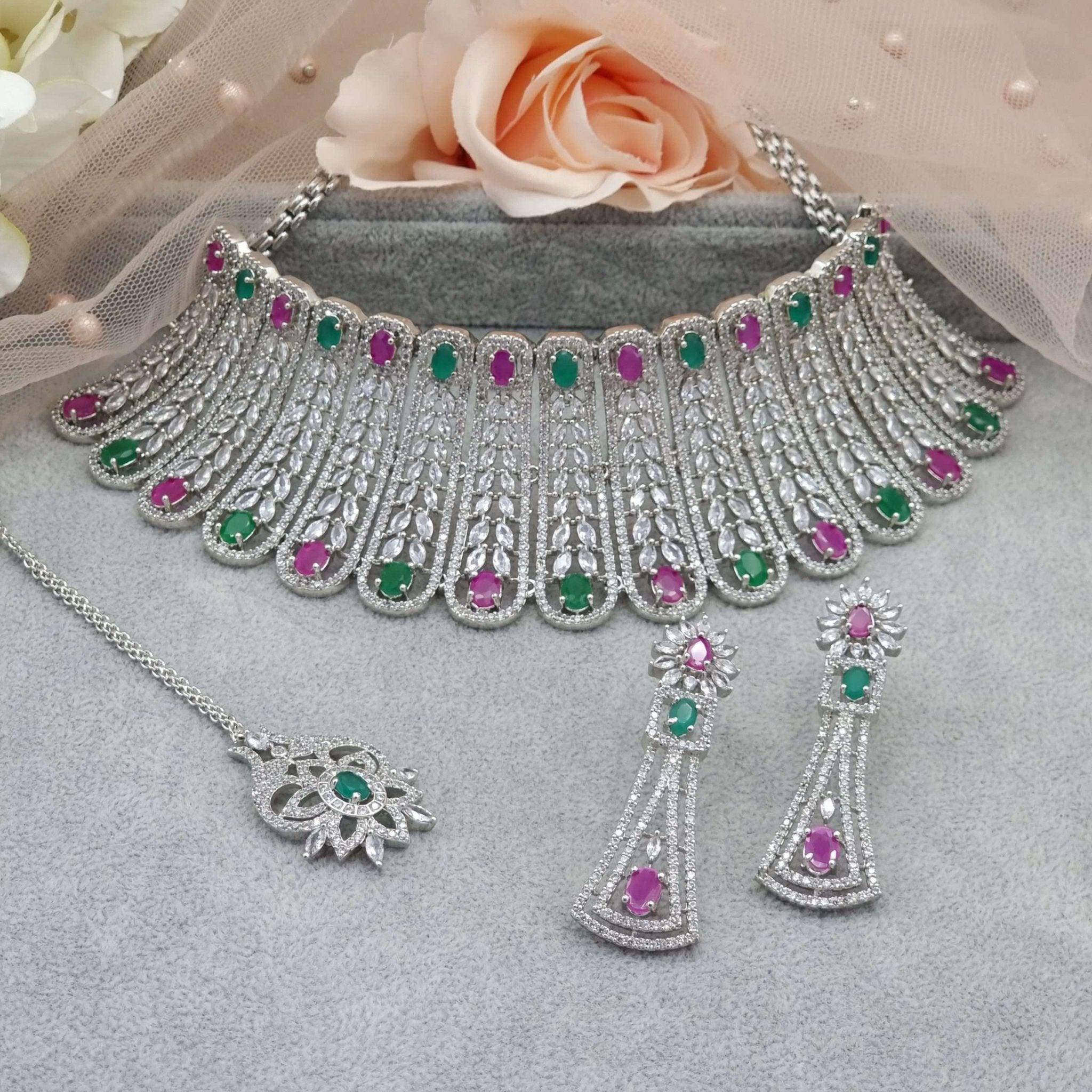 Sheena Bridal Choker Set Silver Ruby Green - Fancy Fab Jewels