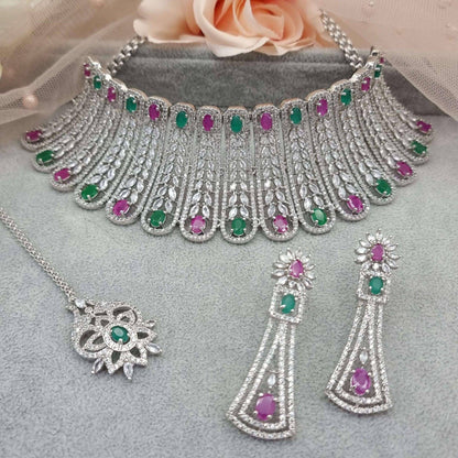 Sheena Bridal Choker Set Silver Ruby Green - Fancy Fab Jewels