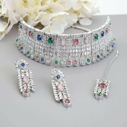 Simone Bridal Choker Set Silver Multi - Fancy Fab Jewels