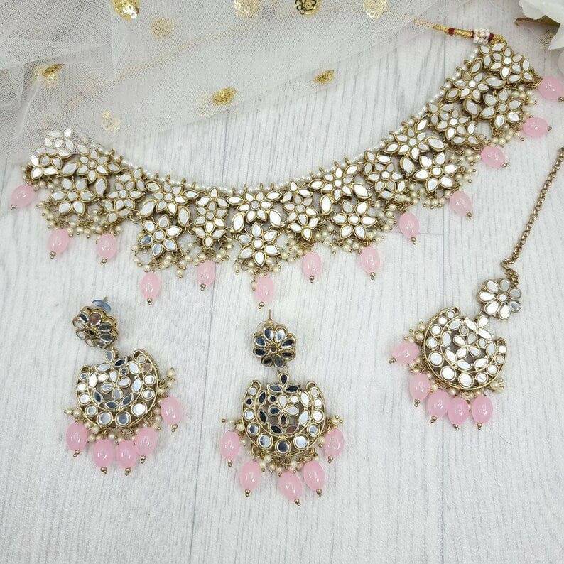 Zara Mirror Necklace Set - Baby Pink - Fancy Fab Jewels