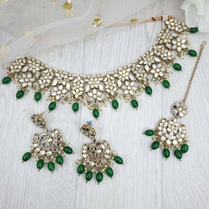 Zara Mirror Necklace Set - Green - Fancy Fab Jewels