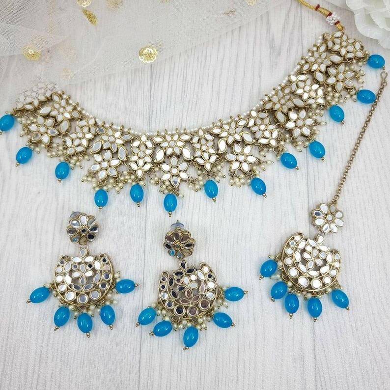 Zara Mirror Necklace Set - Sky Blue - Fancy Fab Jewels