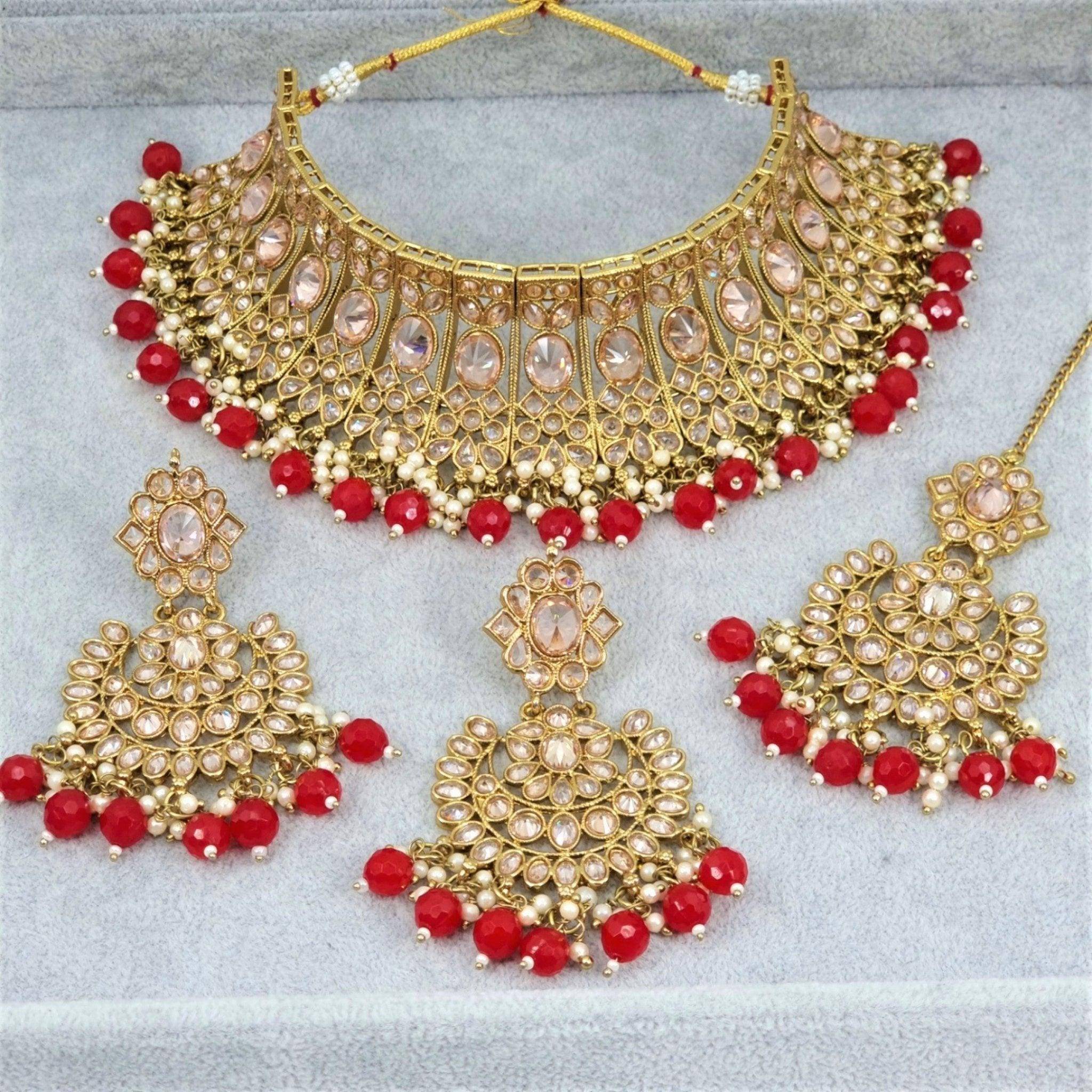 Abha- Antique gold choker necklace - red - Fancy Fab Jewels