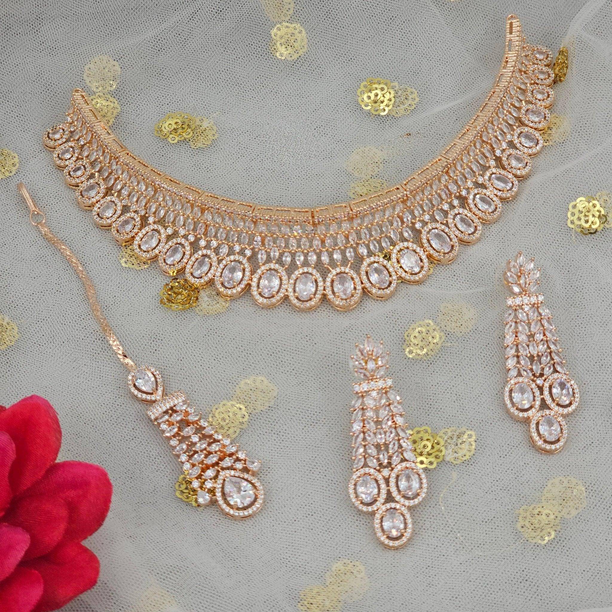 Alishba Rose Gold AD CZ Choker Necklace set - Fancy Fab Jewels