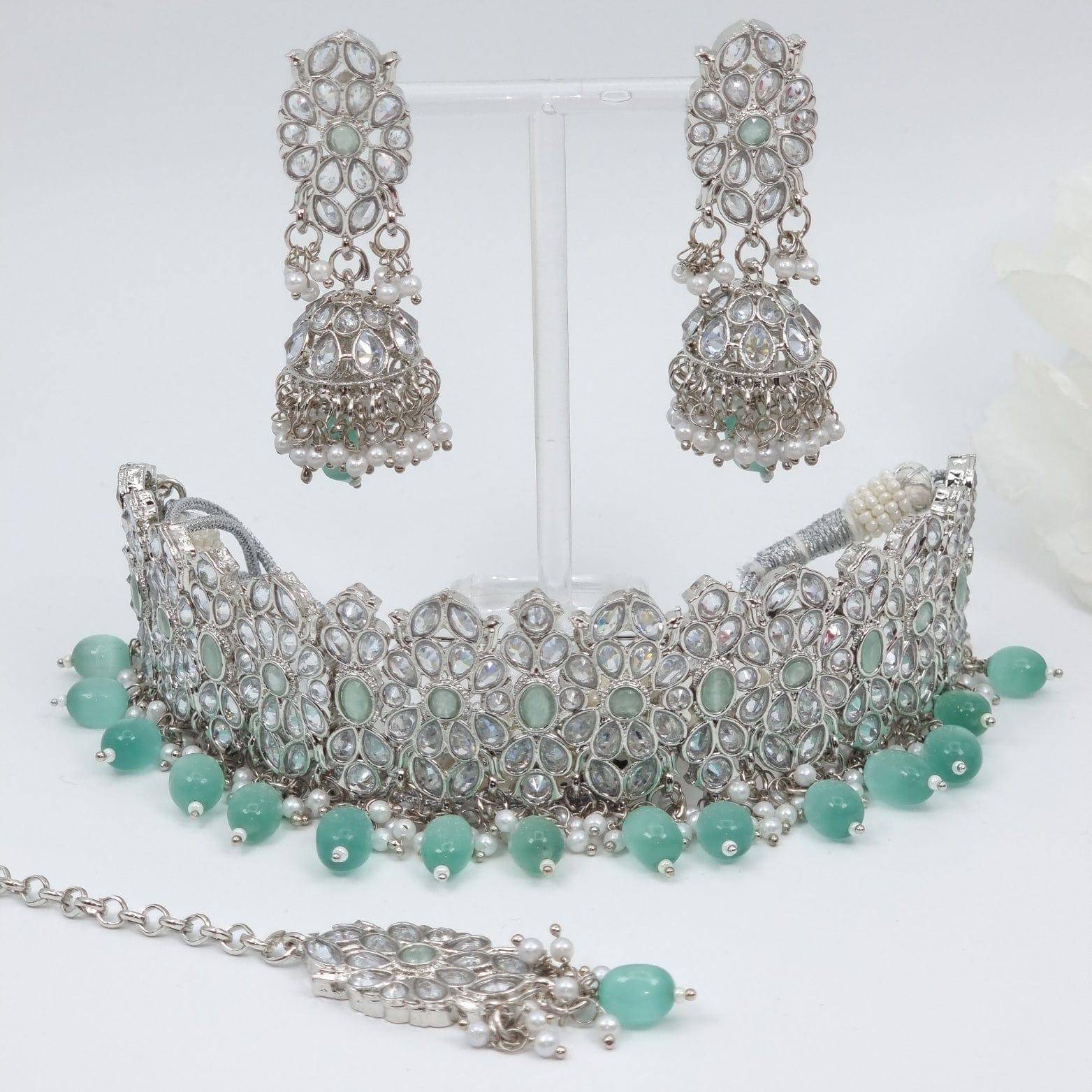 Husna - Silver Polki Choker Necklace - Mint - Fancy Fab Jewels