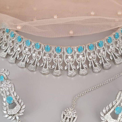 Pale Blue Silver American Diamond CZ Choker Necklace - Fancy Fab Jewels