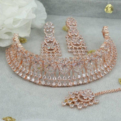 Rose Gold AD CZ Choker Necklace set - Fancy Fab Jewels