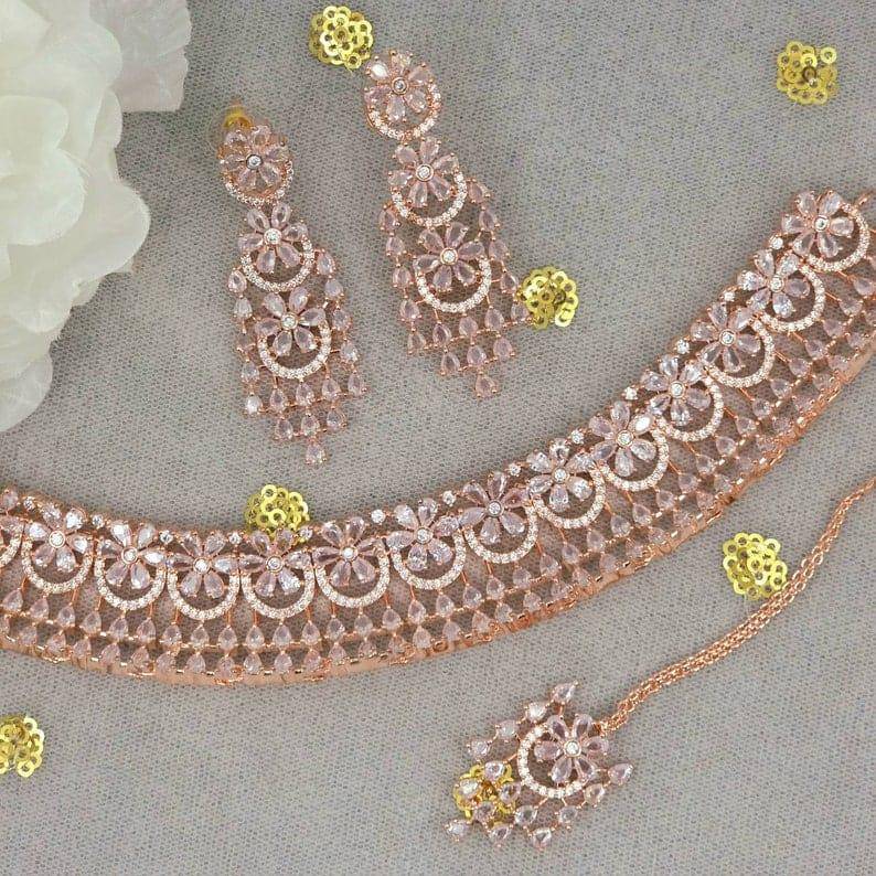 Rose Gold AD CZ Choker Necklace set - Fancy Fab Jewels