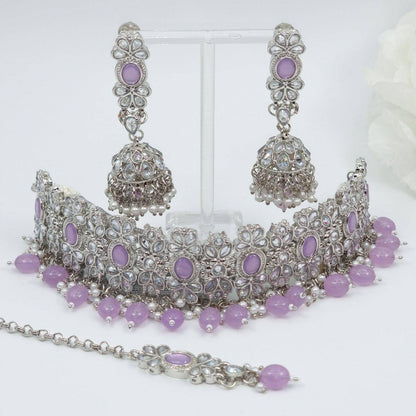 Husna - Polki Choker Necklace Set - Lilac - Fancy Fab Jewels