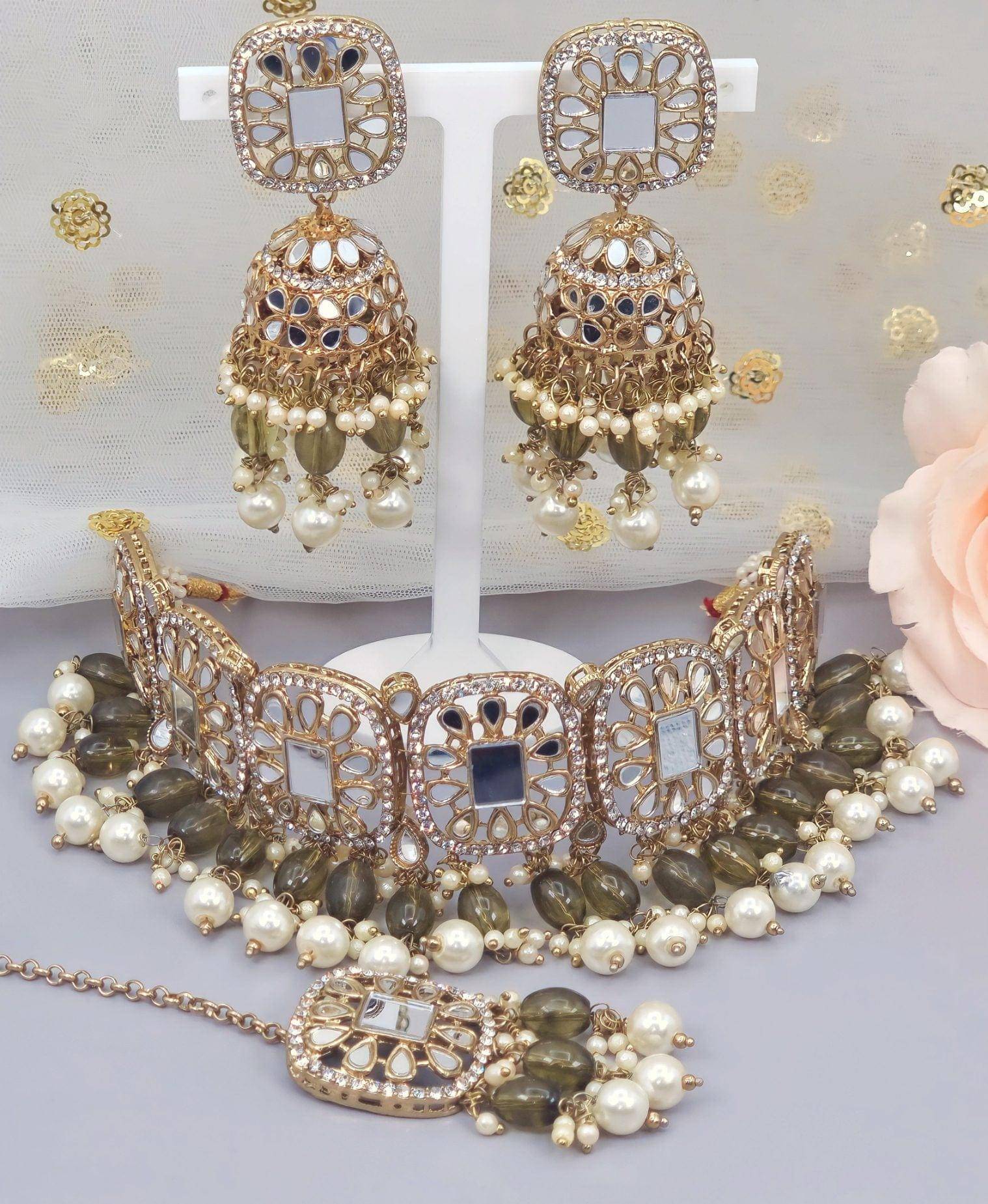 MAYA - Beautiful Antique Gold Mirrored Bridal Necklace Set - Fancy Fab Jewels