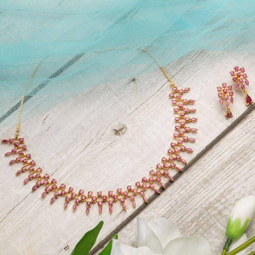 Zoya- Gold Ruby CZ Necklace Set with Earrings - Fancy Fab Jewels