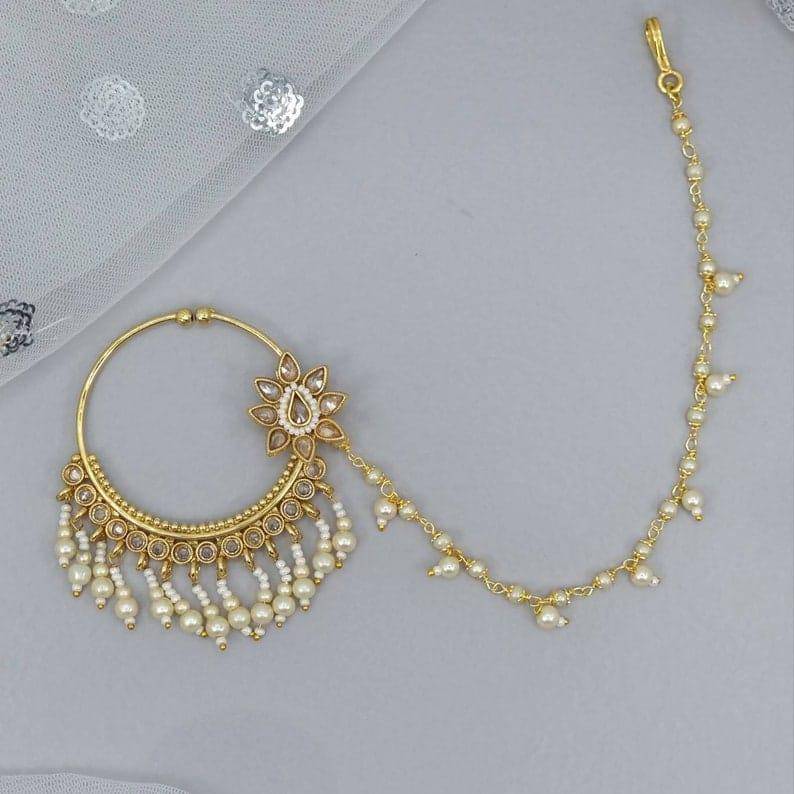 Gold plated Kundan Bridal Nose Ring with chain - Fancy Fab Jewels