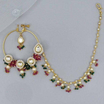 Multicolor Gold plated Kundan Bridal Nose Ring with chain - Fancy Fab Jewels