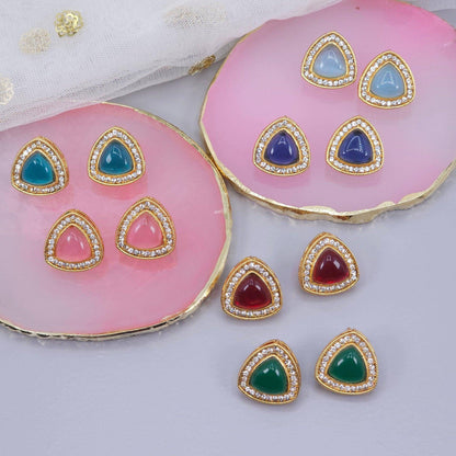 Gold Plated Colored Stones Stud Earrings - Fancy Fab Jewels