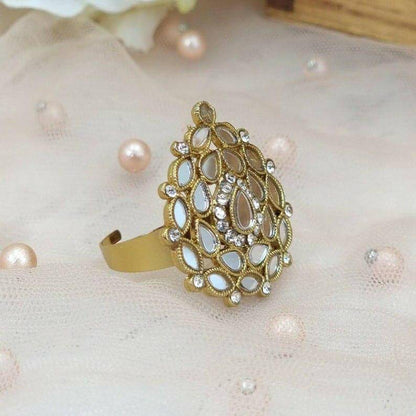 Tear Drop Antique Gold Mirrored Statement Ring - Fancy Fab Jewels