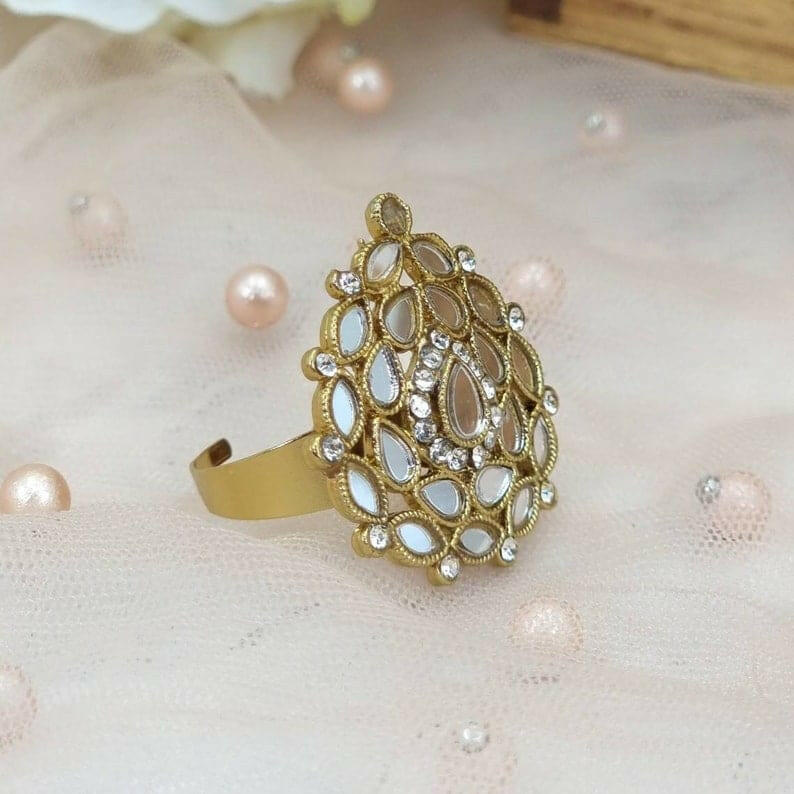 fancy fab Jewels Ring Tear Drop Antique Gold Mirrored Statement Ring