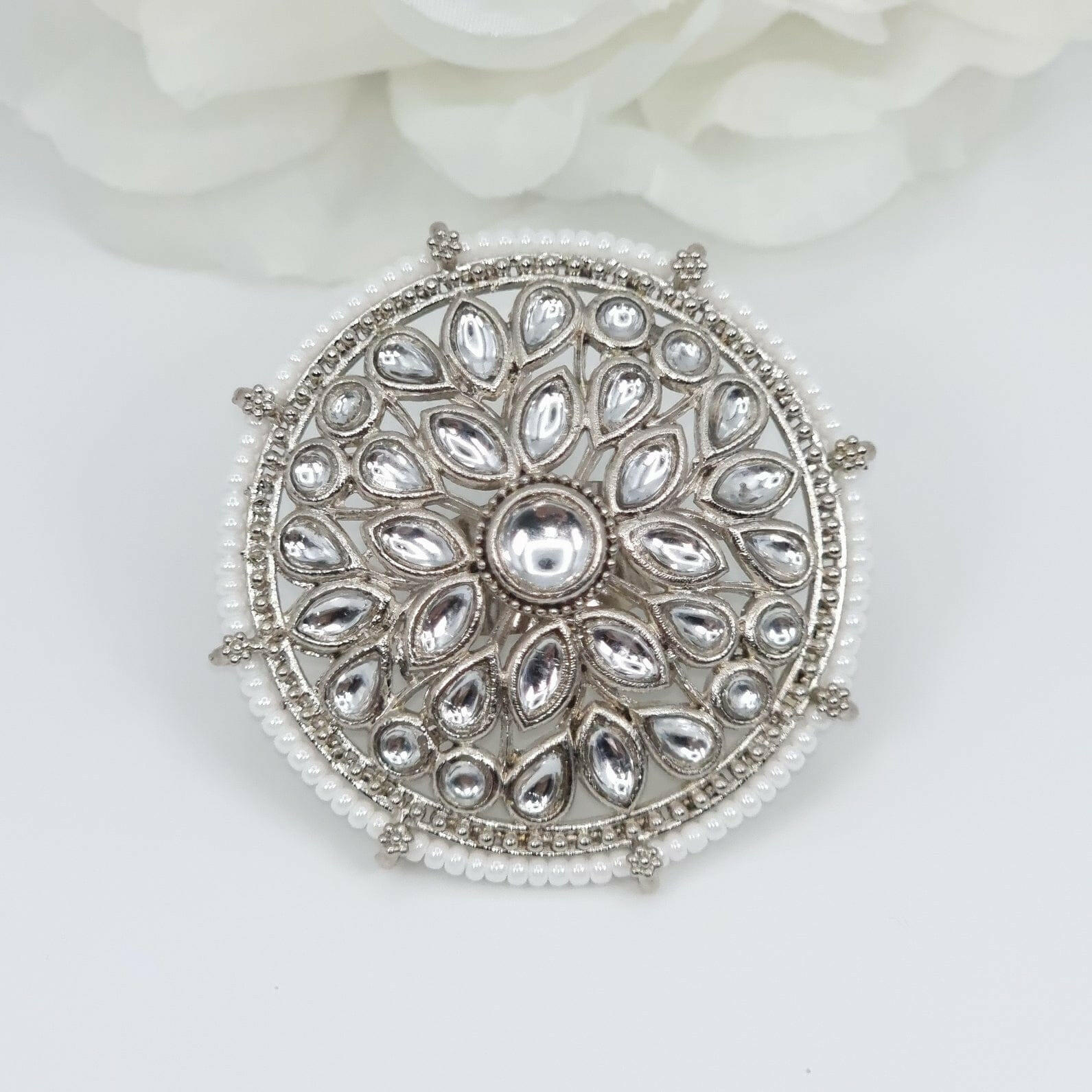 fancy fab Jewels Ring White Kundan Mandala Statement Ring - Silver
