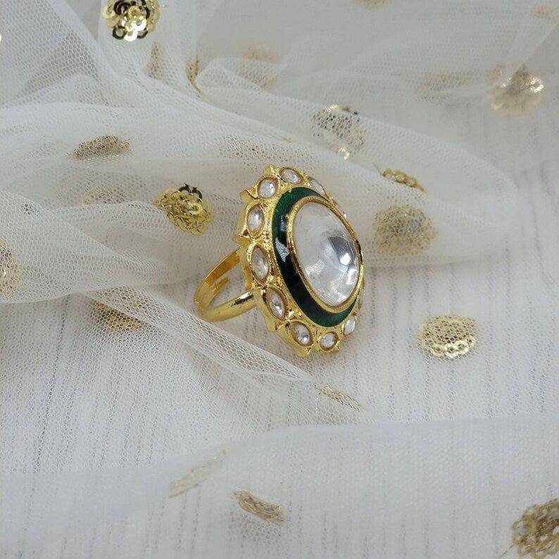 Meera Kundan Statement Ring - Green - Fancy Fab Jewels