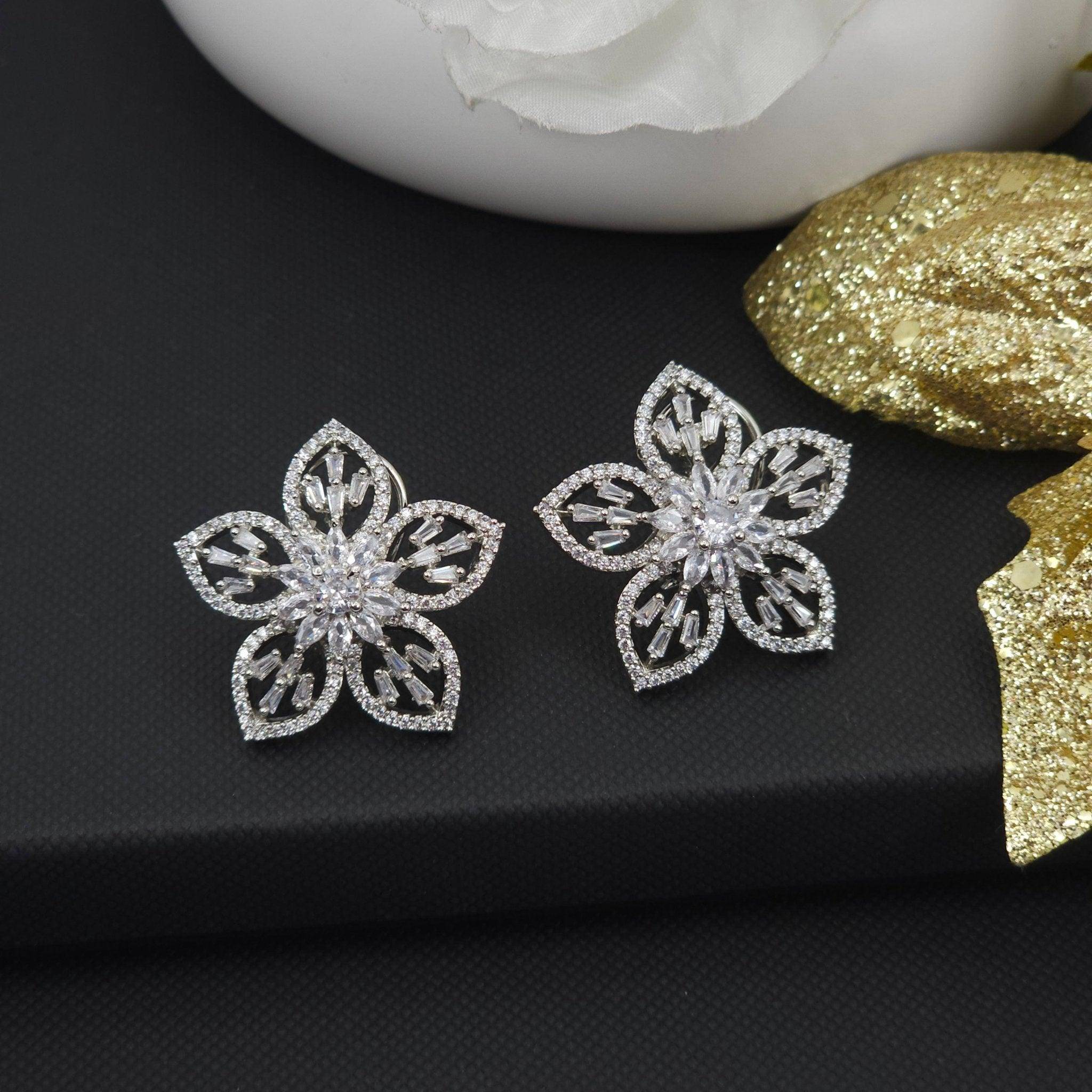 Flower style Silver AD Stud Earrings - Fancy Fab Jewels