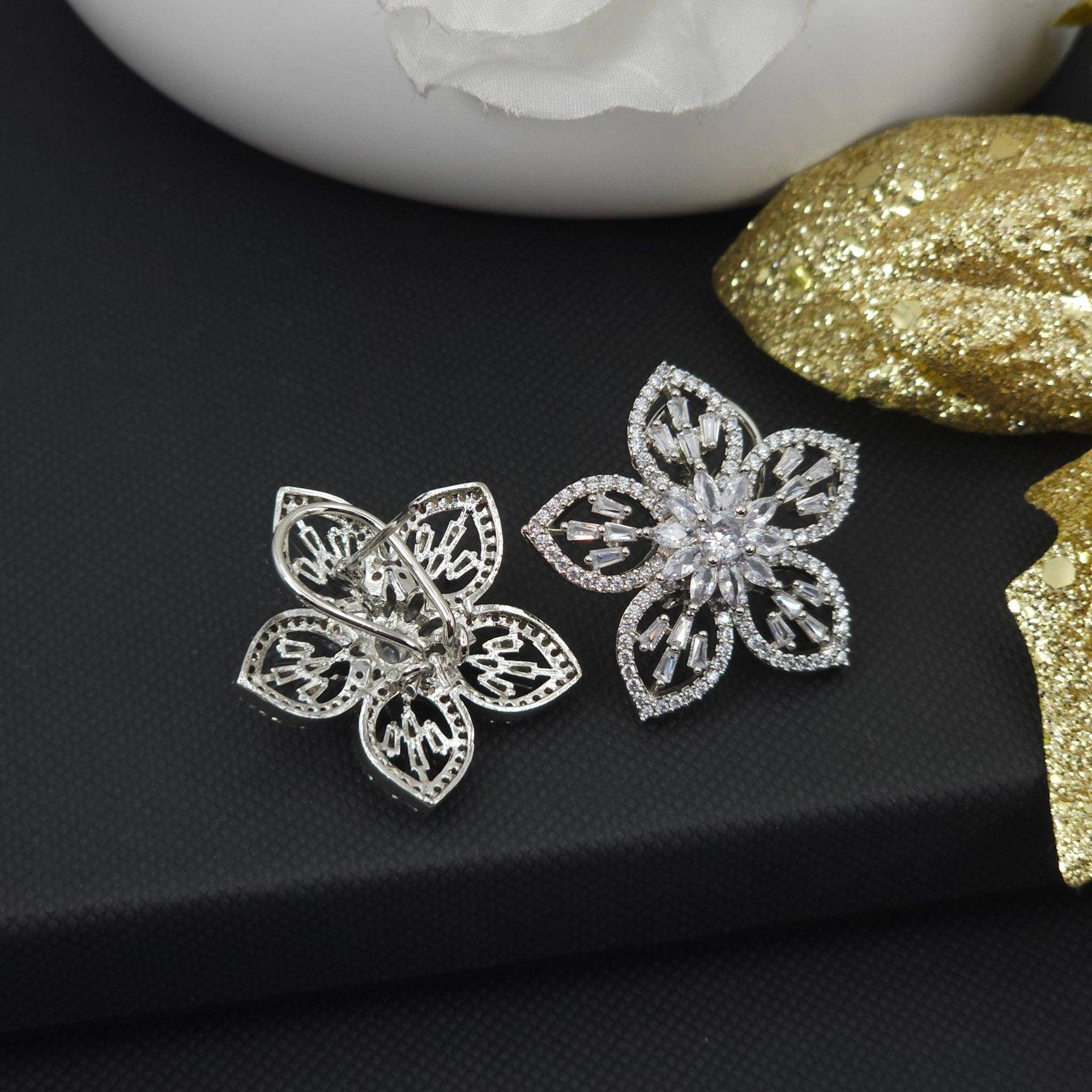 Flower style Silver AD Stud Earrings - Fancy Fab Jewels