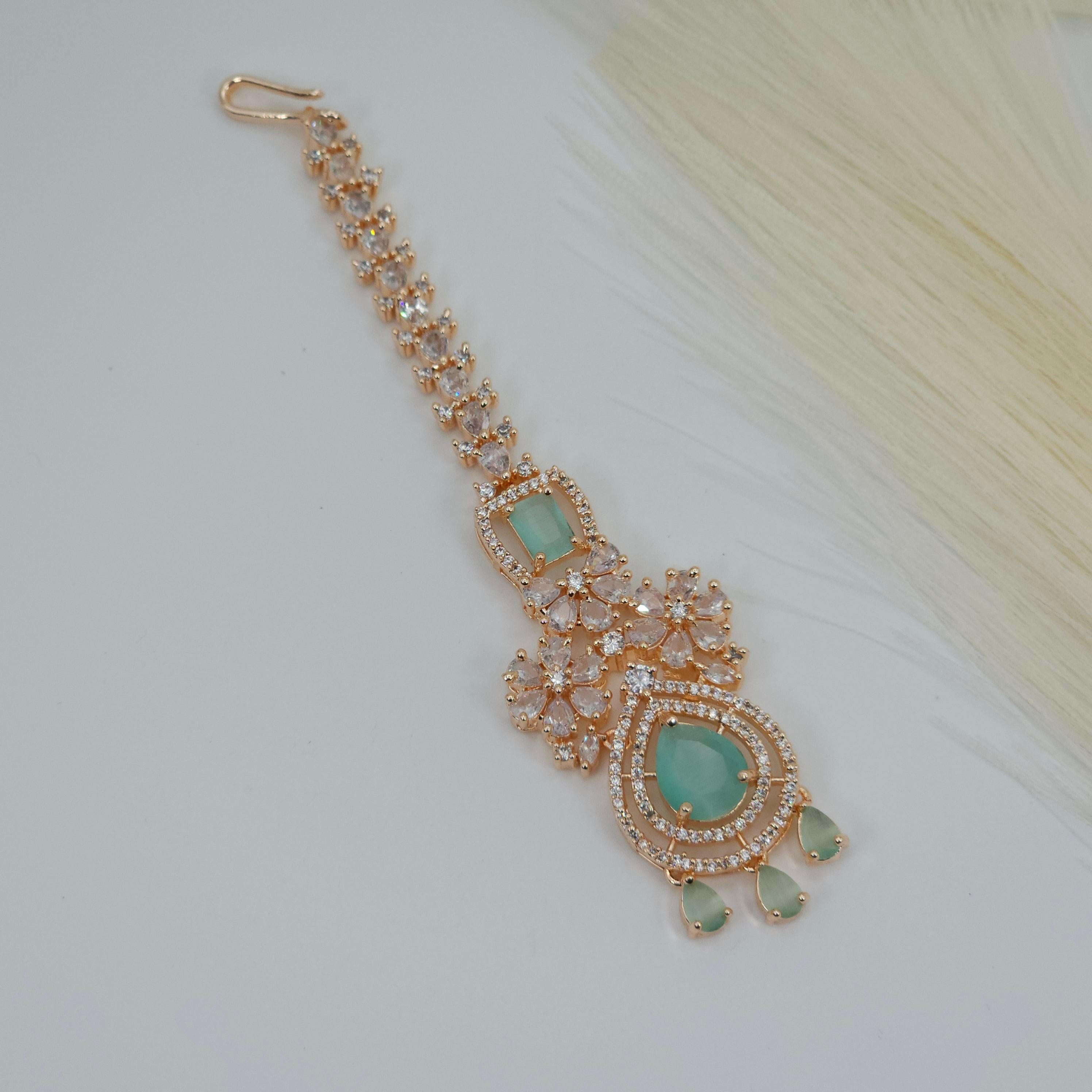 fancy fab Jewels Tikka Rosegold Mint Veena CZ Mangtikka