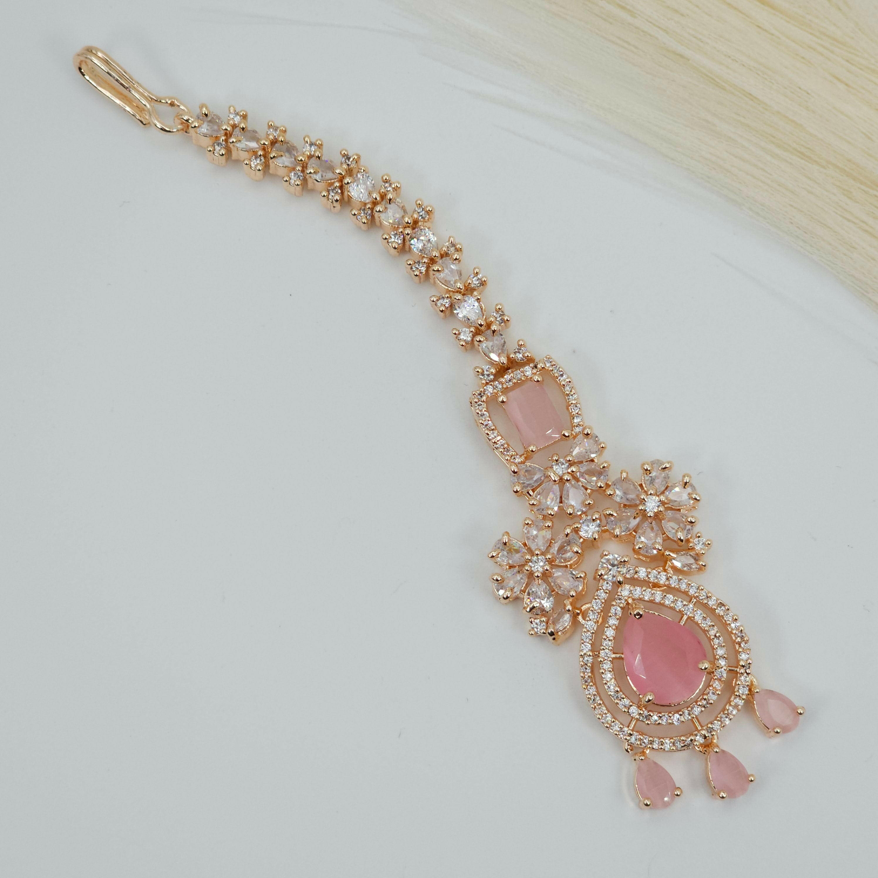 fancy fab Jewels Tikka Rosegold Pink Veena CZ Mangtikka