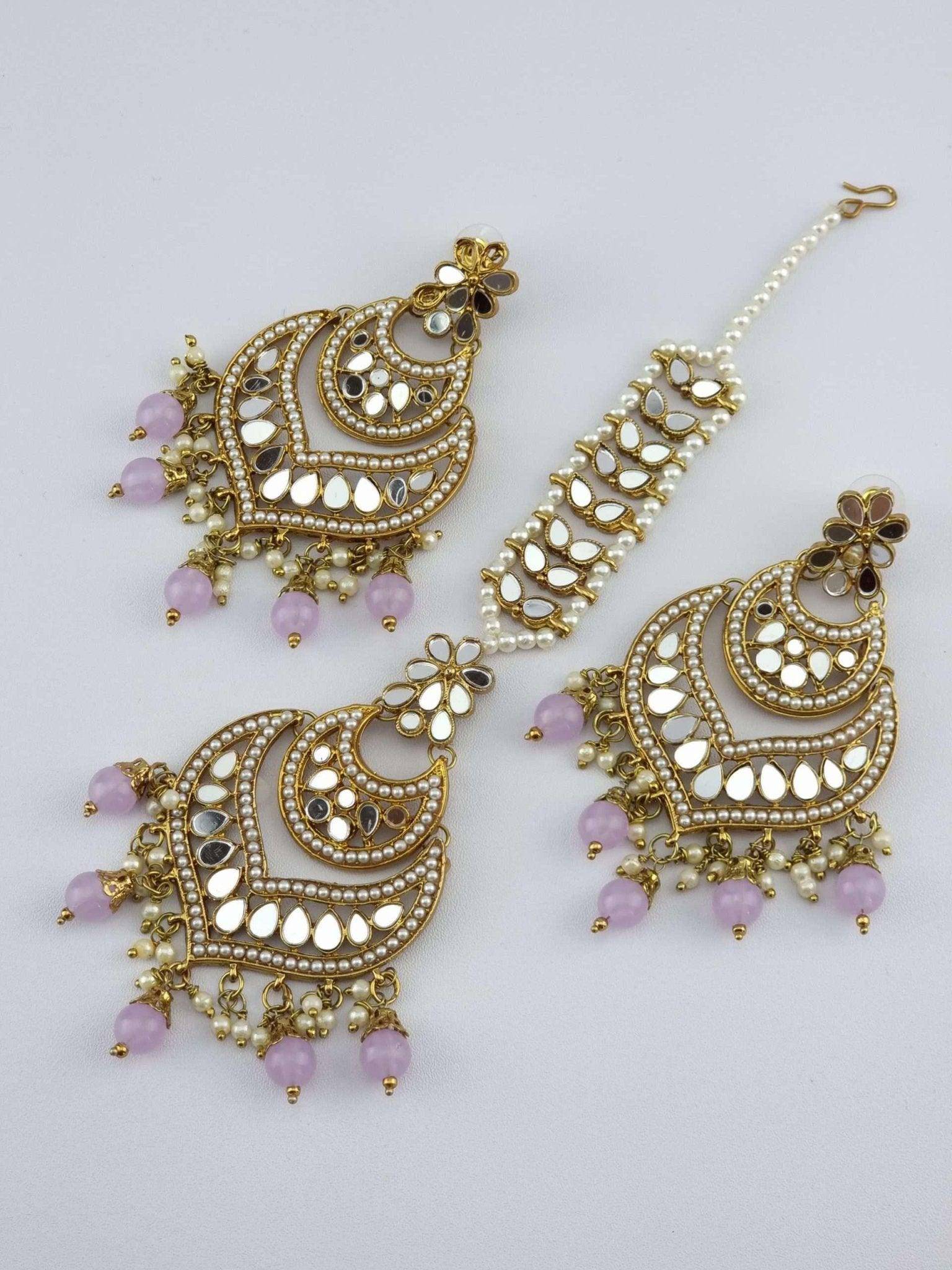 Antique Gold Mirror Chandbali Earrings Tikka Set - Fancy Fab Jewels