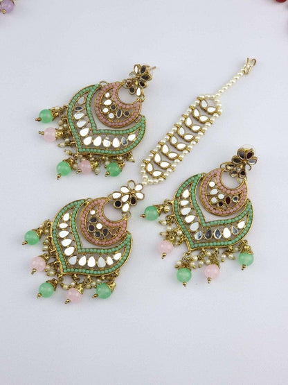 Antique Gold Mirror Chandbali Earrings Tikka Set - Fancy Fab Jewels