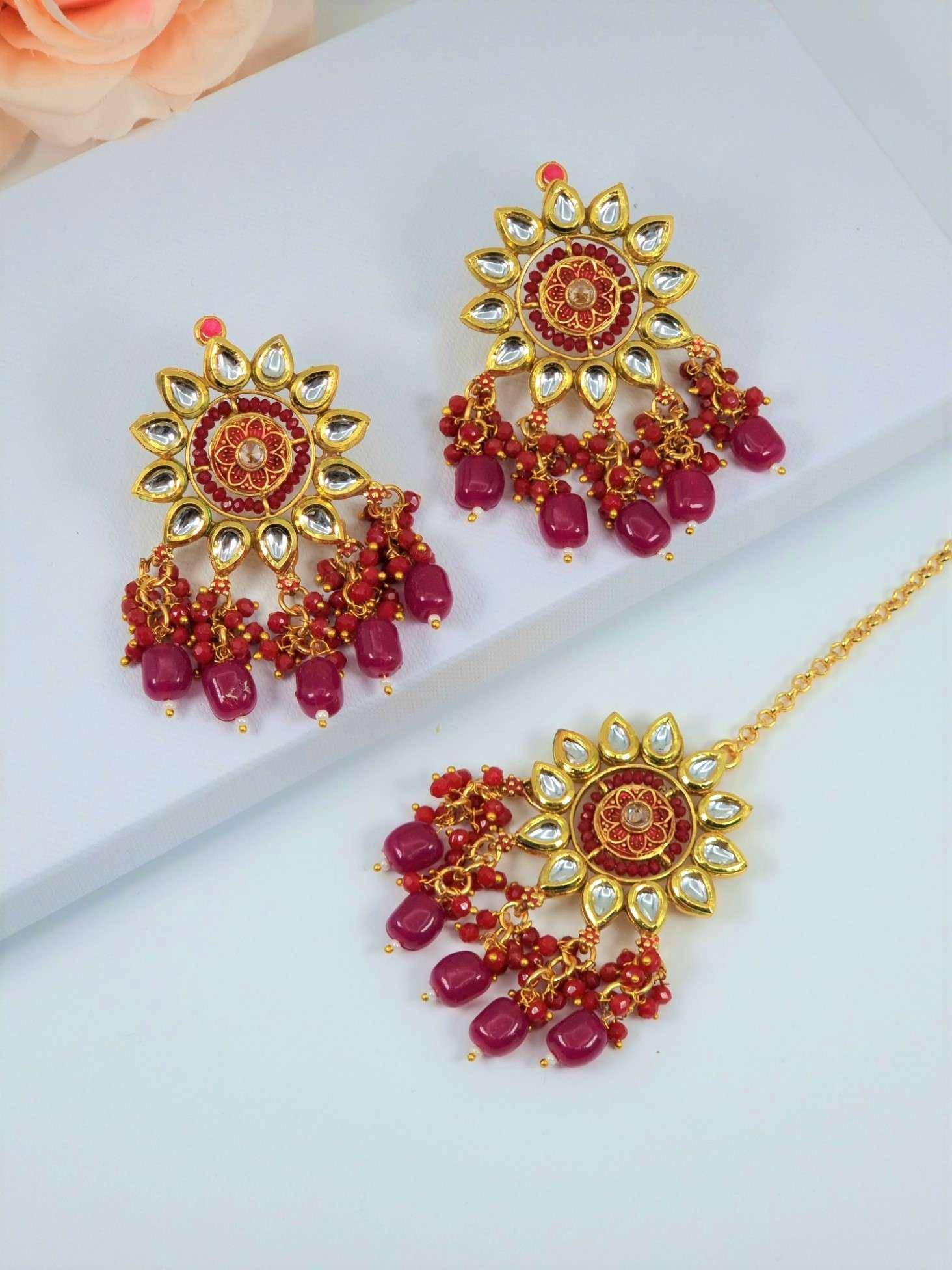 Beautiful Kundan Earrings and Maang Tikka Set - Fancy Fab Jewels