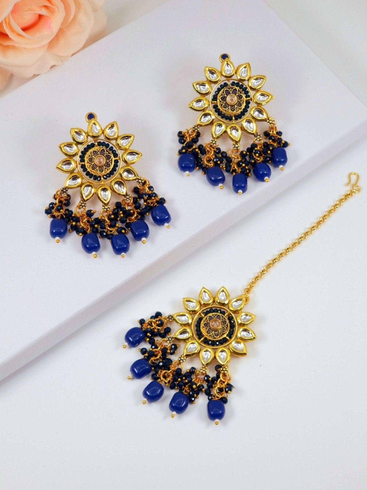 Beautiful Kundan Earrings and Maang Tikka Set - Fancy Fab Jewels